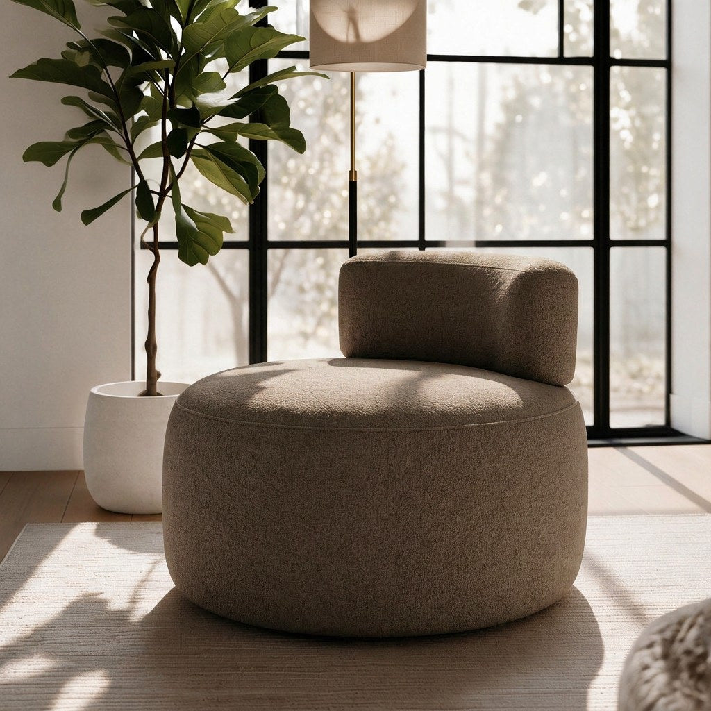 Ohrensessel Ellipse in Mokka von Hanah Home mit gestricktem Polyesterbezug, gepolsterter Sitzfläche und Kunststoffbeinen, Frontalansicht des Sessels.
