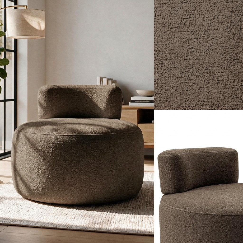 Ohrensessel Ellipse in Mokka von Hanah Home mit gestricktem Polyesterbezug, gepolsterter Sitzfläche und Kunststoffbeinen, Frontalansicht des Sessels.