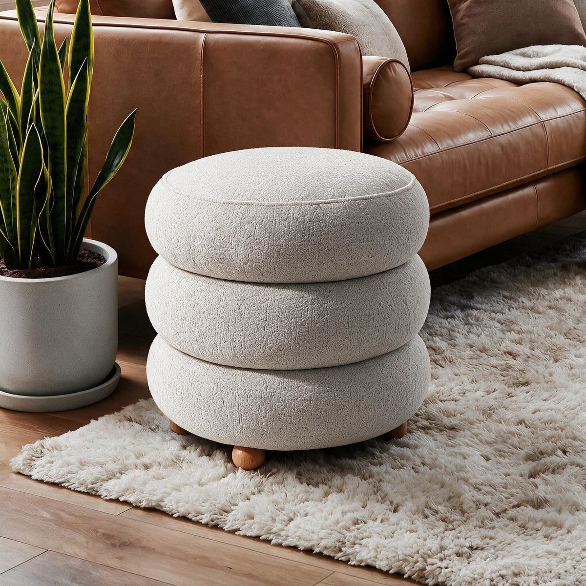 Hellgrauer Ottavia Pouf von Hanah Home mit gestricktem Polyesterbezug, gepolsterter Sitzfläche und Kugelfüssen aus Holz in kompakter Kubusform.