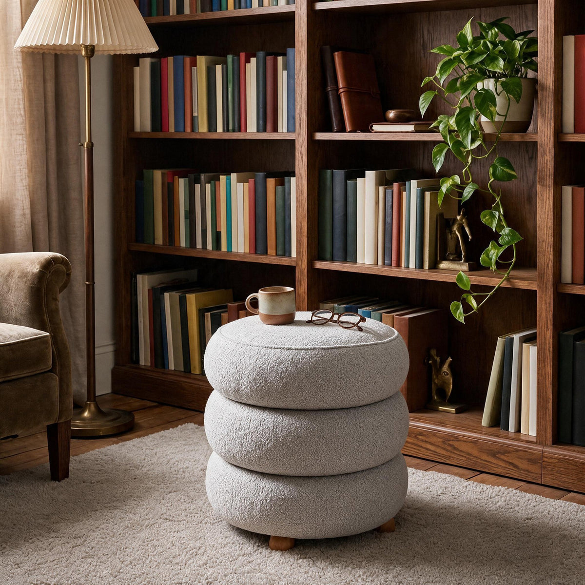 Hellgrauer Ottavia Pouf von Hanah Home mit gestricktem Polyesterbezug, gepolsterter Sitzfläche und Kugelfüssen aus Holz in kompakter Kubusform.