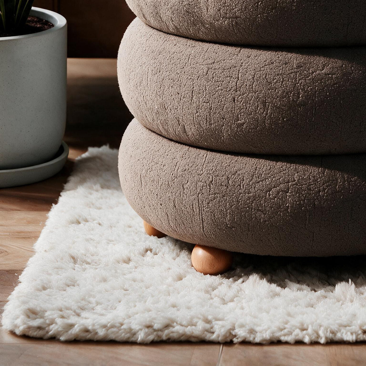 Runder Pouf in Mokka mit gestricktem Polyesterbezug, Holzkugelfüssen und Stauraumfunktion, Masse 43 x 43 x 45,5 cm.