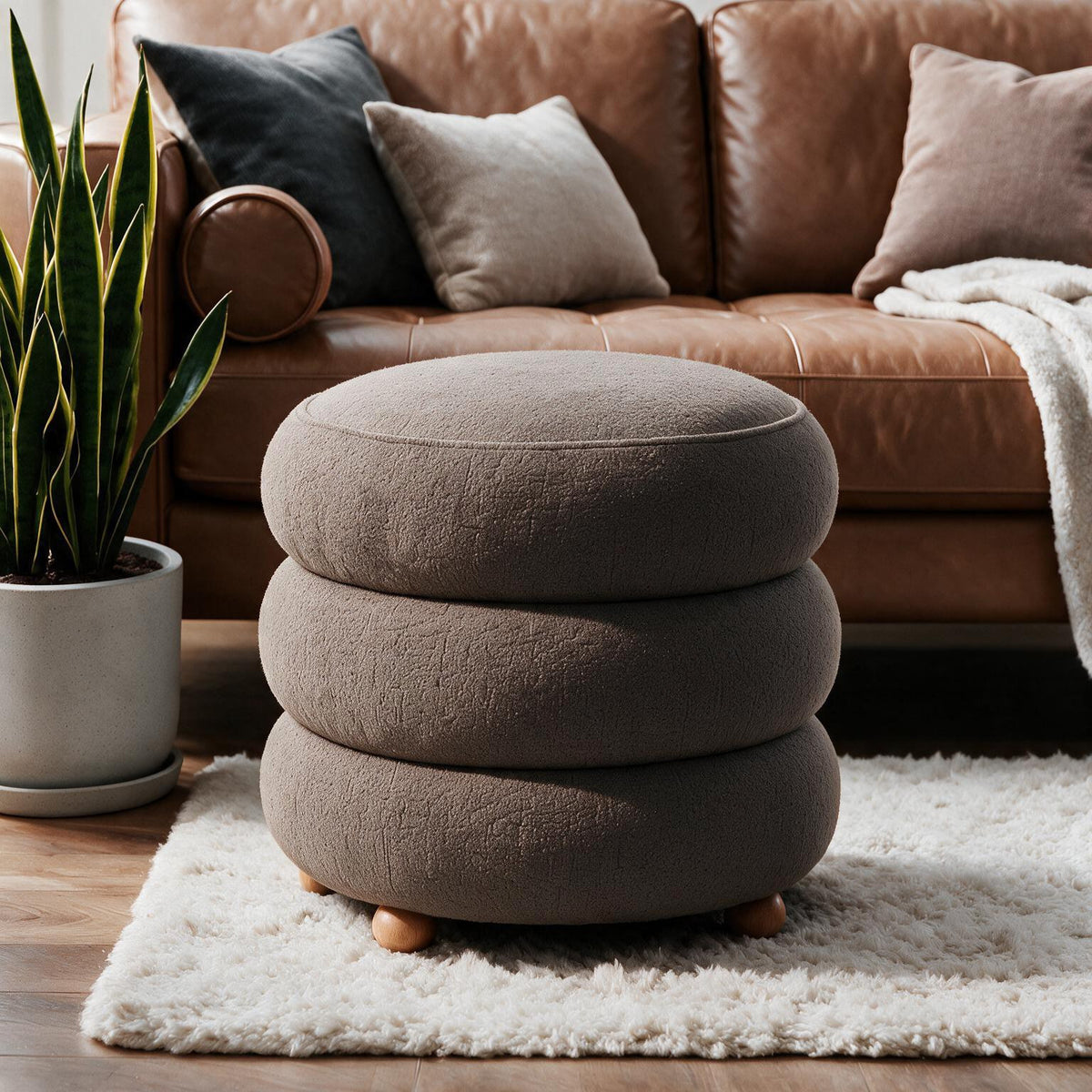 Runder Pouf in Mokka mit gestricktem Polyesterbezug, Holzkugelfüssen und Stauraumfunktion, Masse 43 x 43 x 45,5 cm.