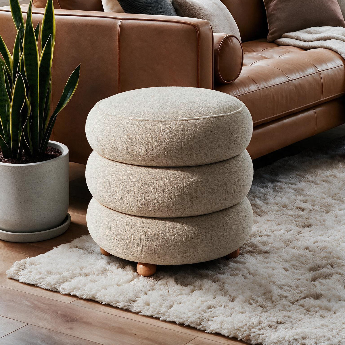Runder Pouf in Latte-Farbe aus gestricktem Polyesterstoff mit Holzkugelfüssen und gepolsterter Sitzfläche, Stauraum im Inneren.