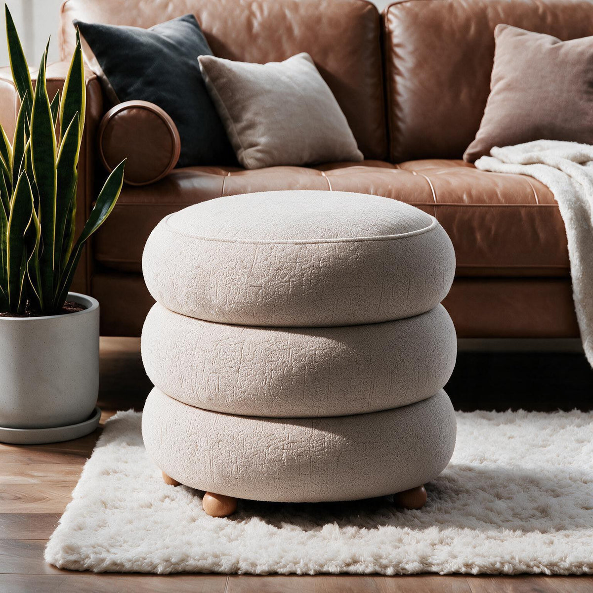 Runder Pouf in Latte-Farbe aus gestricktem Polyesterstoff mit Holzkugelfüssen und gepolsterter Sitzfläche, Stauraum im Inneren.