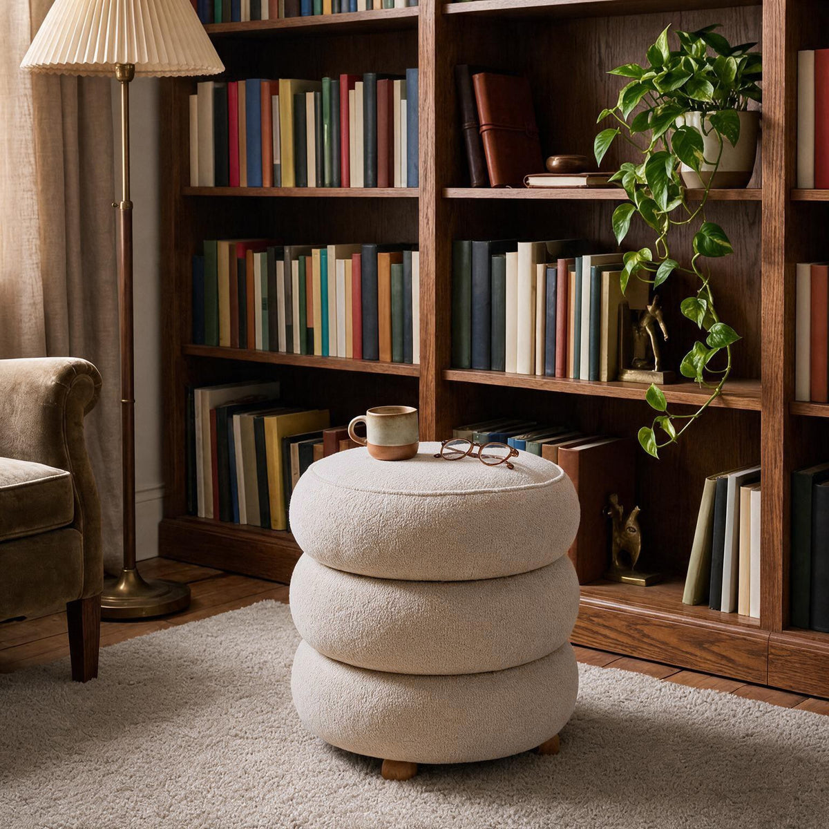 Runder Pouf in Latte-Farbe aus gestricktem Polyesterstoff mit Holzkugelfüssen und gepolsterter Sitzfläche, Stauraum im Inneren.