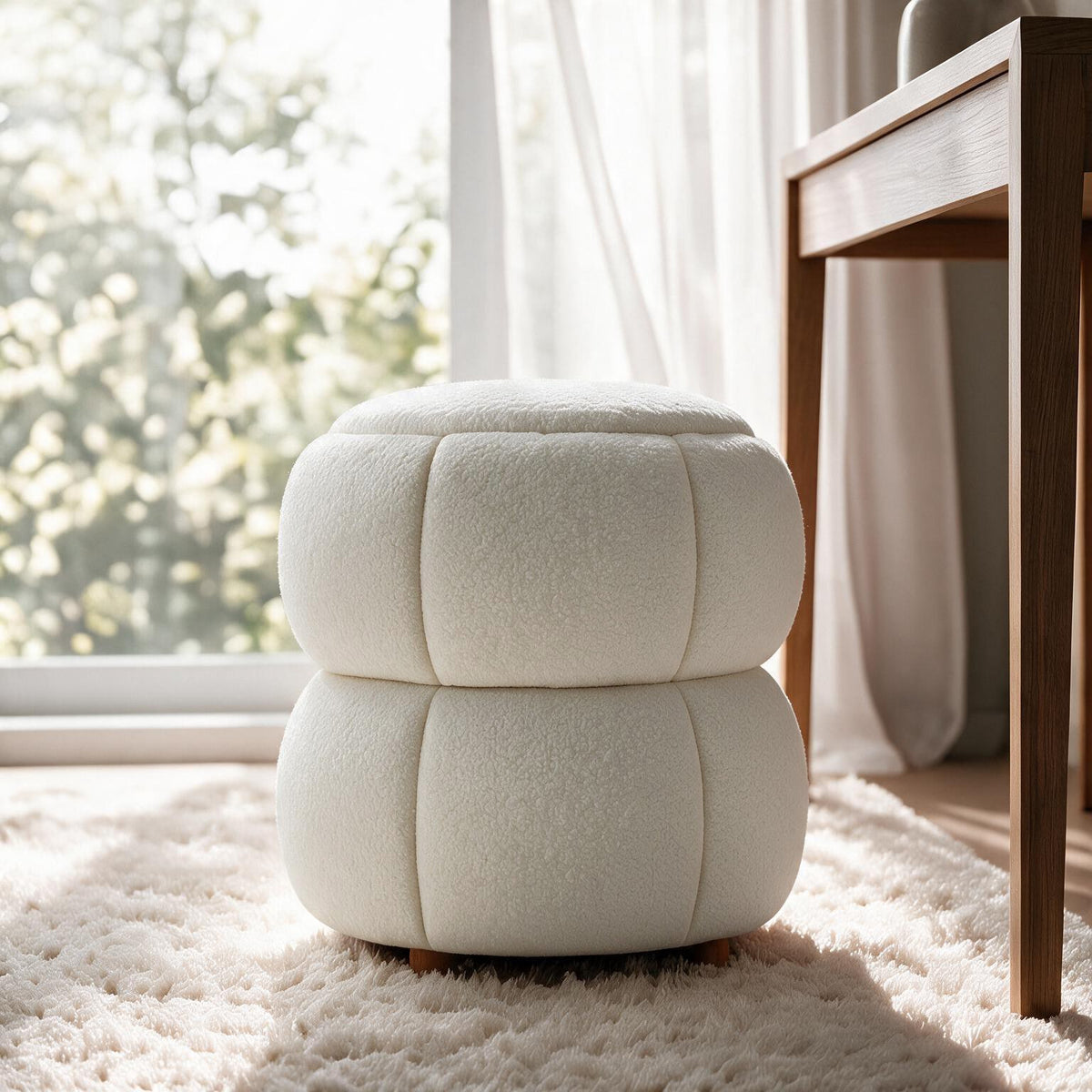 Off-White Pouf mit gestricktem Polyesterbezug, Holzkugelfüssen und Schaumstoffpolsterung, quadratische Form, 45x45x46 cm.