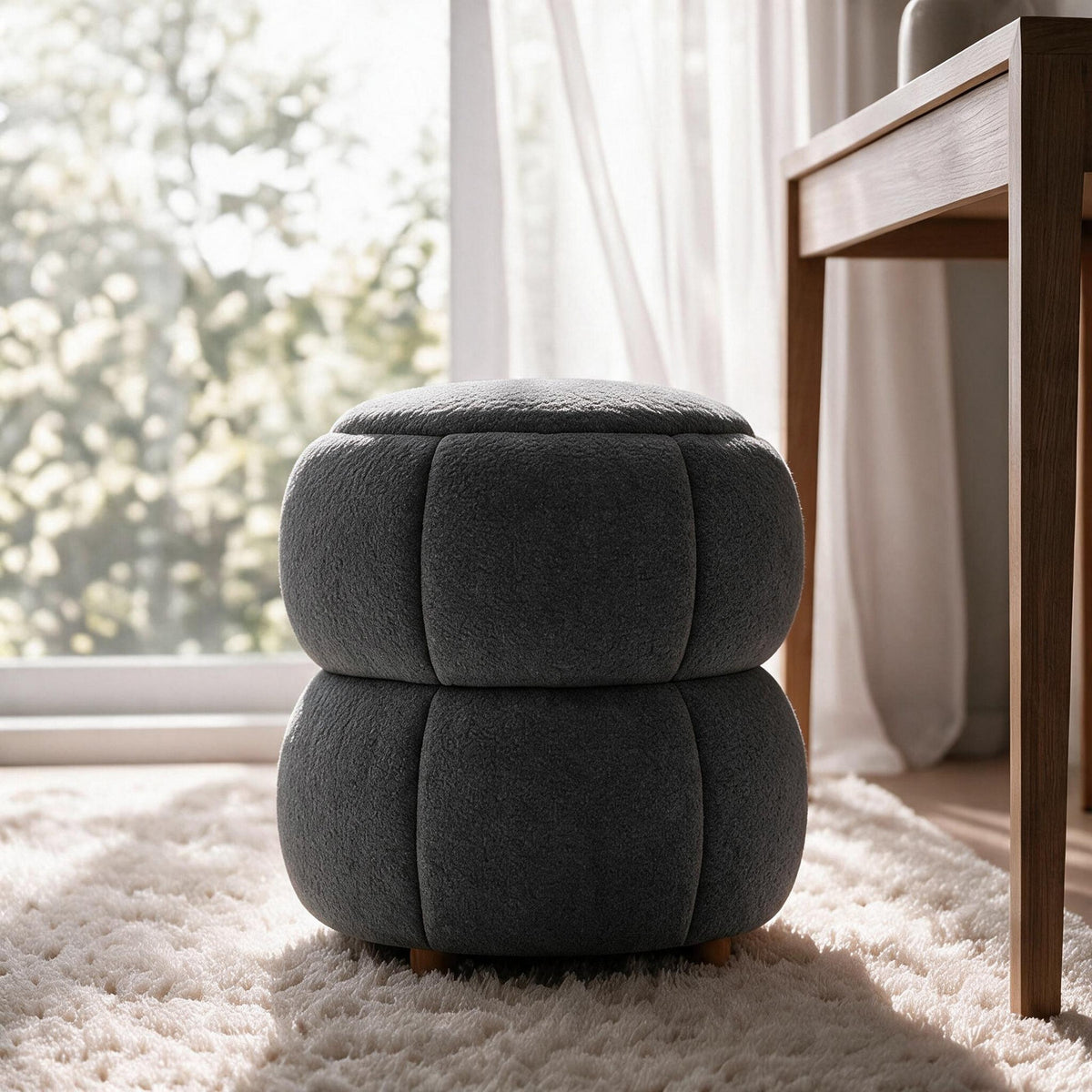 Dunkelgrauer Pouf mit gestricktem Polyesterbezug, Schaumstoffpolsterung und runden Holzfüssen, quadratische Form.