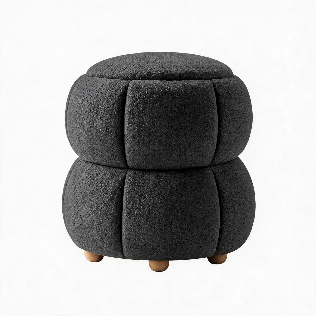 Dunkelgrauer Pouf mit gestricktem Polyesterbezug, Schaumstoffpolsterung und runden Holzfüssen, quadratische Form.
