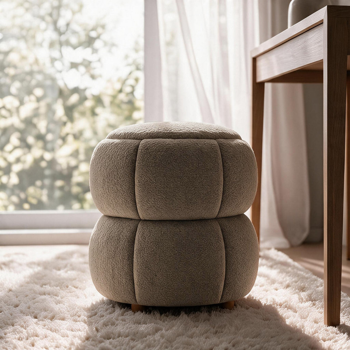 Runder Pouf in Mokka mit gestricktem Polyesterbezug, Holzkugelfüssen und gepolsterter Sitzfläche, Masse 45x45x46 cm.