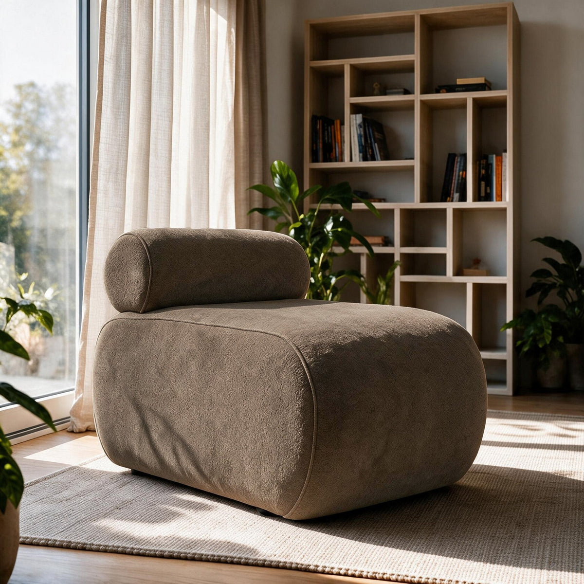 Cosmo Ohrensessel in Mokka von Hanah Home, Wing Chair mit gestricktem Polyesterstoff, Kunststoffbeinen und gepolsterter Rückenlehne.