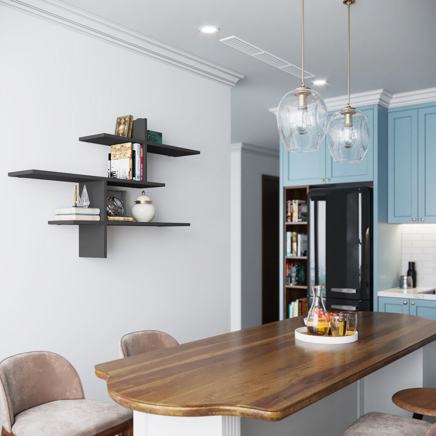 Verleihen Sie Ihrem Raum mit dem Leo Wandregal in Anthrazit von Hanah Home einen modernen Akzent. Funktionalität trifft auf elegantes Design!