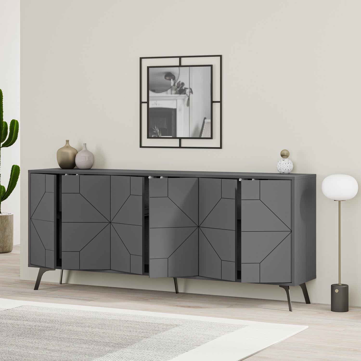 Verleihen Sie Ihrem Wohnzimmer mit dem Dune - Anthracite Sideboard von Hanah Home einen Hauch von Eleganz. Stilvolles Design trifft auf funktionalen Stauraum.