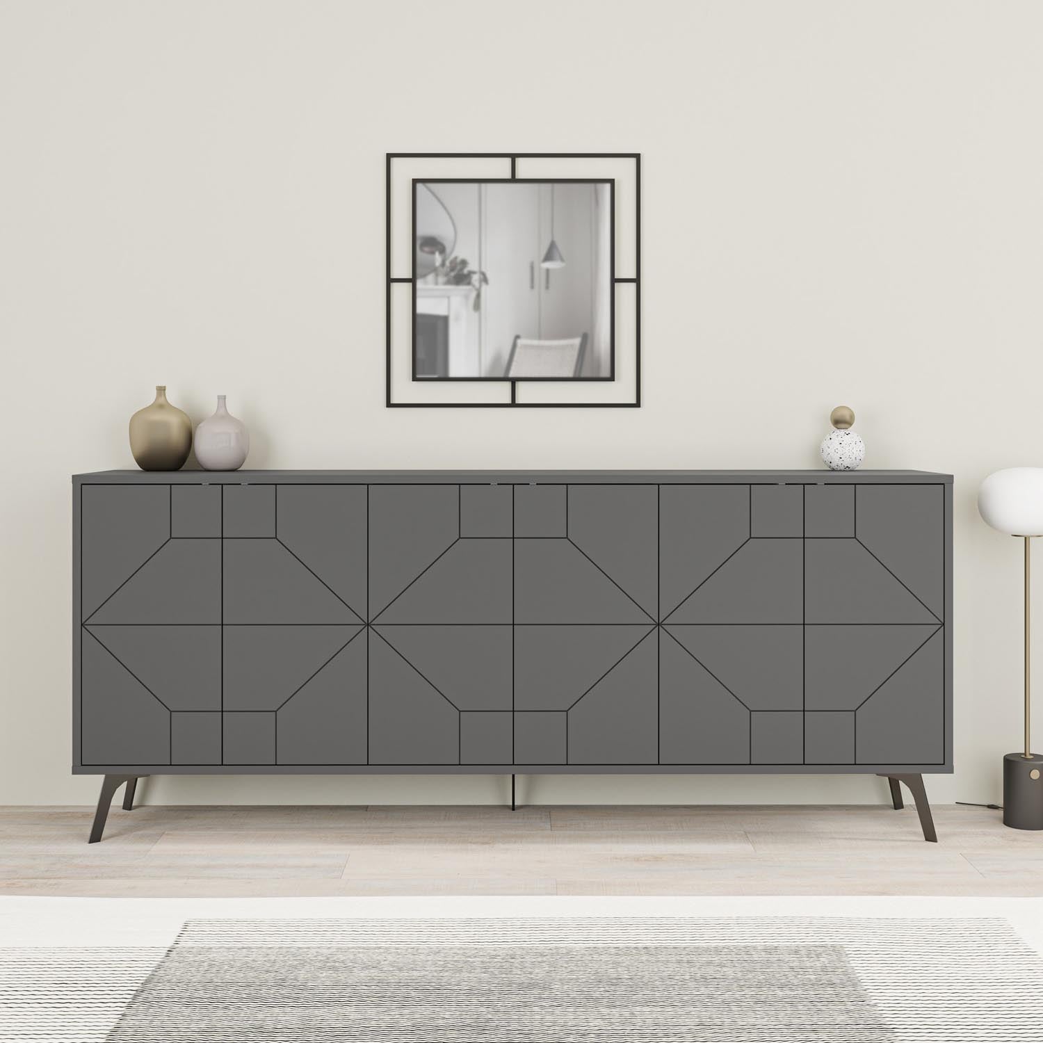 Entdecken Sie das Dune - Anthracite Sideboard von Hanah Home: Modernes Design, praktische Aufbewahrung und stilvolle Eleganz für Ihr Wohnzimmer.