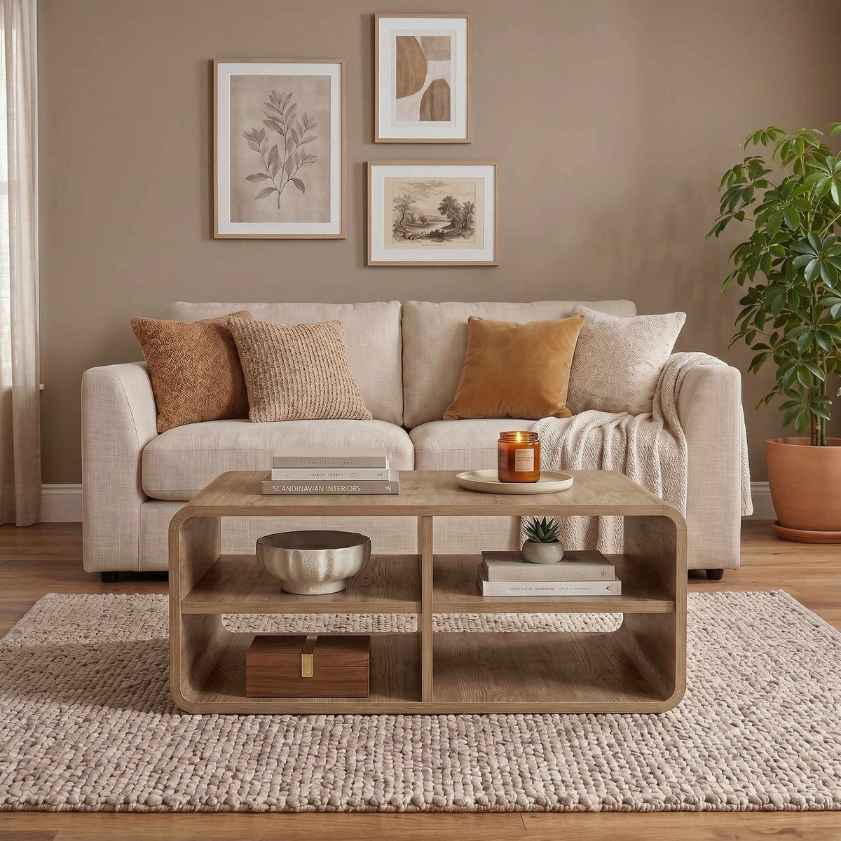Couchtisch Rovel in Natur von Hanah Home, Korpus aus melaminbeschichteter Spanplatte mit abgerundeten MDF-Kanten und vier offenen Böden.