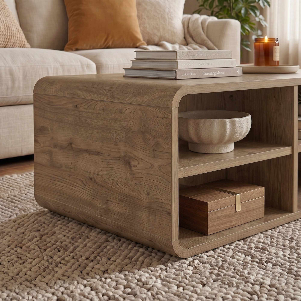 Couchtisch Rovel in Natur von Hanah Home, Korpus aus melaminbeschichteter Spanplatte mit abgerundeten MDF-Kanten und vier offenen Böden.