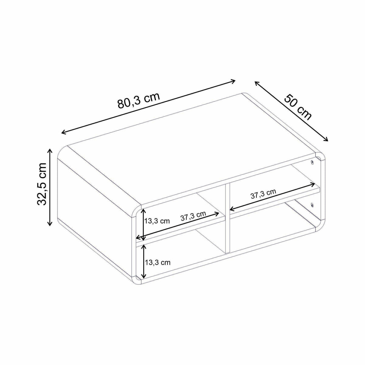 Couchtisch Rovel in Natur von Hanah Home, Korpus aus melaminbeschichteter Spanplatte mit abgerundeten MDF-Kanten und vier offenen Böden.