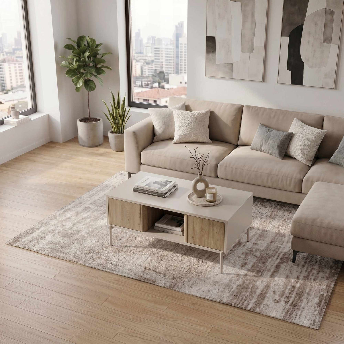 Couchtisch Ventro in Sandstein von Hanah Home mit Spanplatten-Korpus, Eisenbeinen, zwei Böden und Schubladen mit Soft-Close-Funktion.