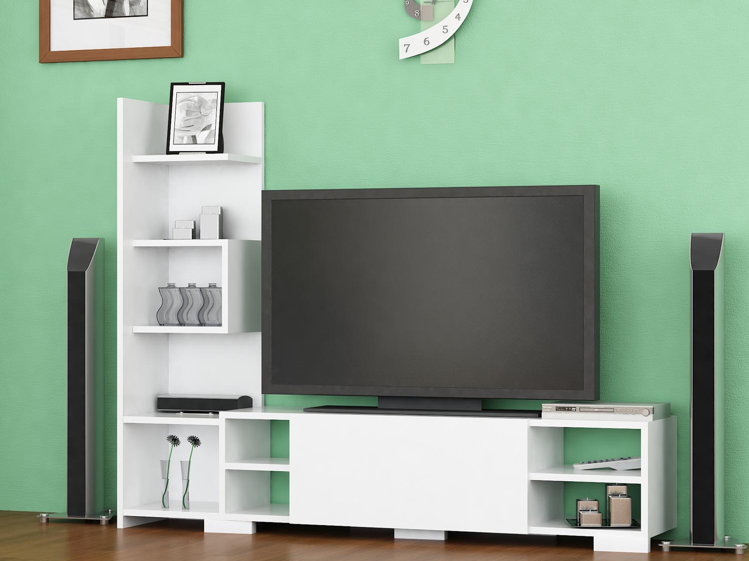 Entdecken Sie das elegante TV-Möbel Pera in Weiß von Hanah Home. Modernes Design, viel Stauraum und vielseitige Einsatzmöglichkeiten für Ihr Wohnzimmer.
