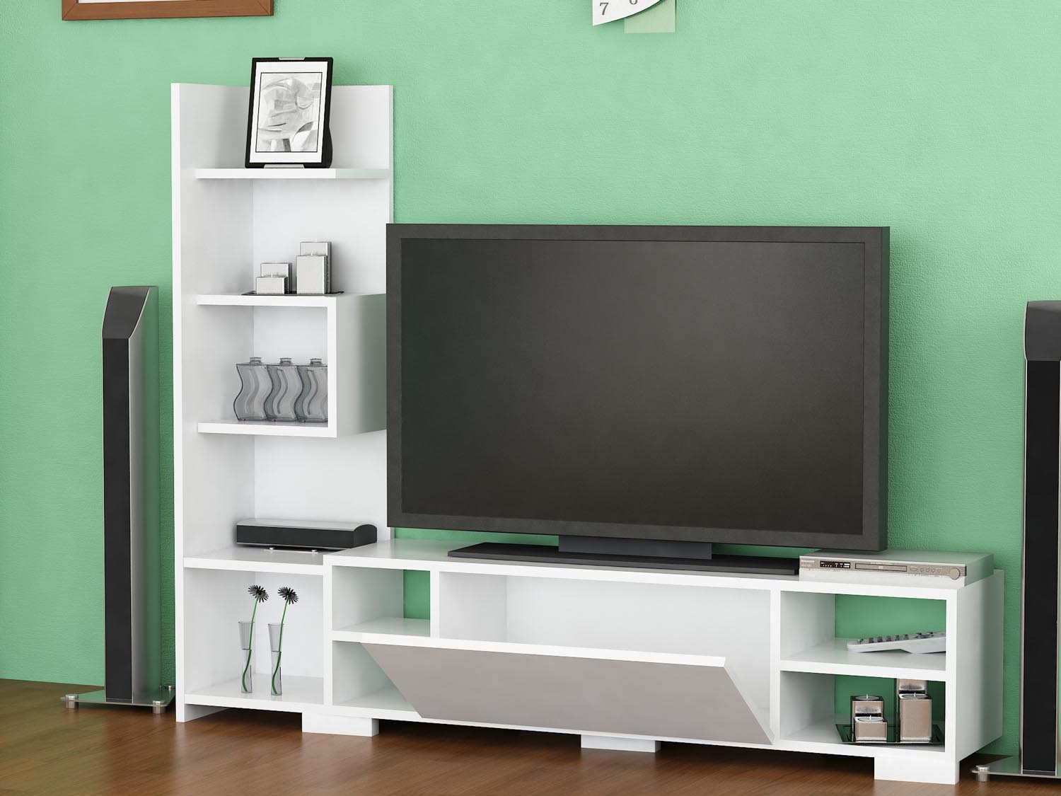Verleihen Sie Ihrem Wohnzimmer mit dem stilvollen TV-Element Pera in Weiß von Hanah Home einen modernen Touch. Praktisch und elegant!