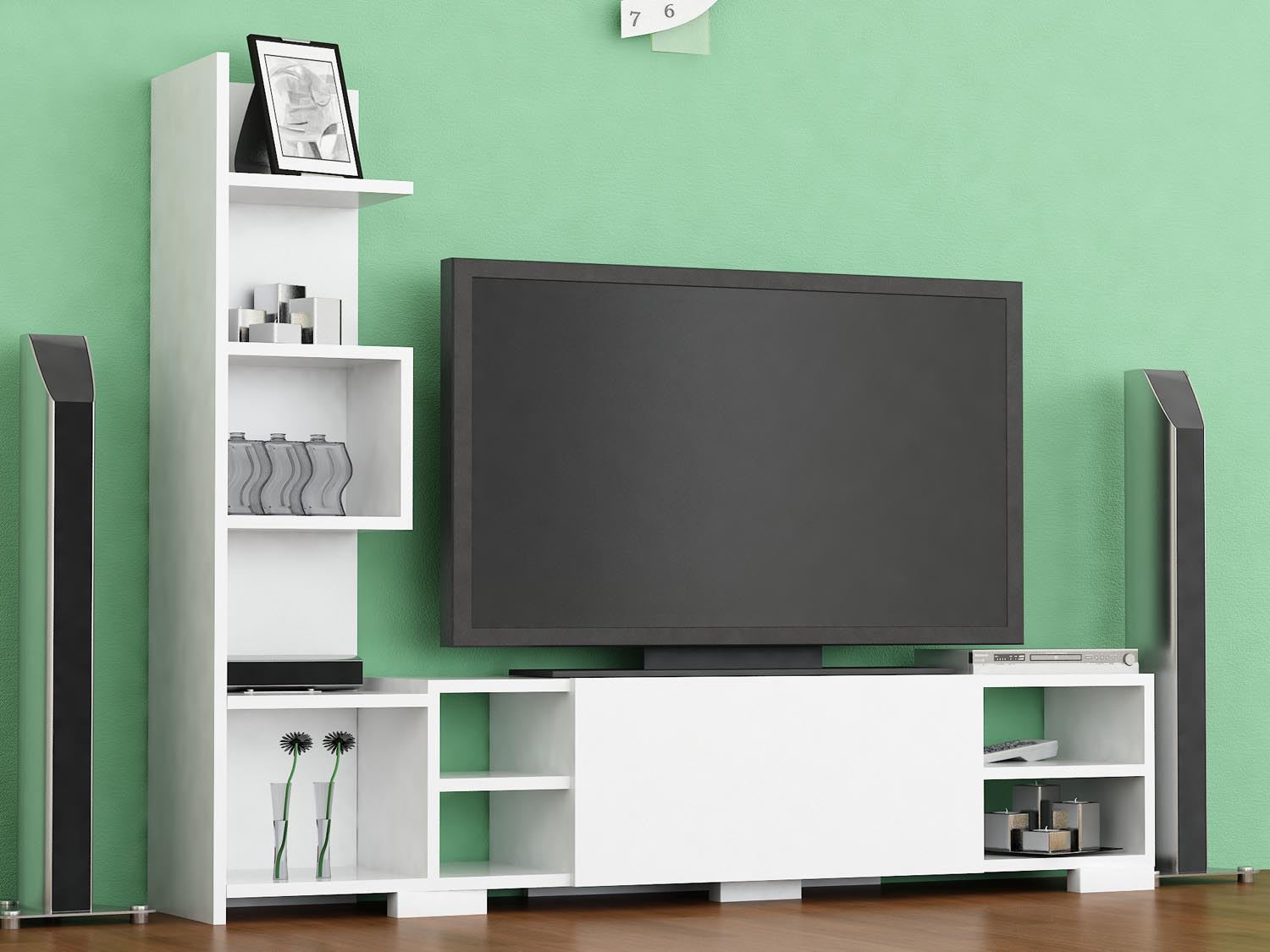 Verleihen Sie Ihrem Wohnzimmer mit dem TV-Möbel Pera in Weiß von Hanah Home einen modernen Look. Praktisches Design und großzügiger Stauraum für Ihre Medien!