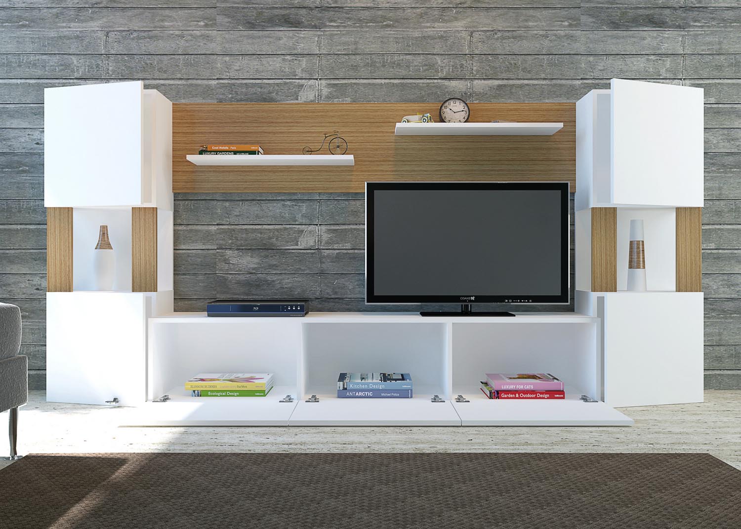 Entdecken Sie das elegante Lore TV-Möbel in Weiß und Teak von Hanah Home. Stilvolles Design, robust und mit viel Stauraum für Ihr Wohnzimmer!