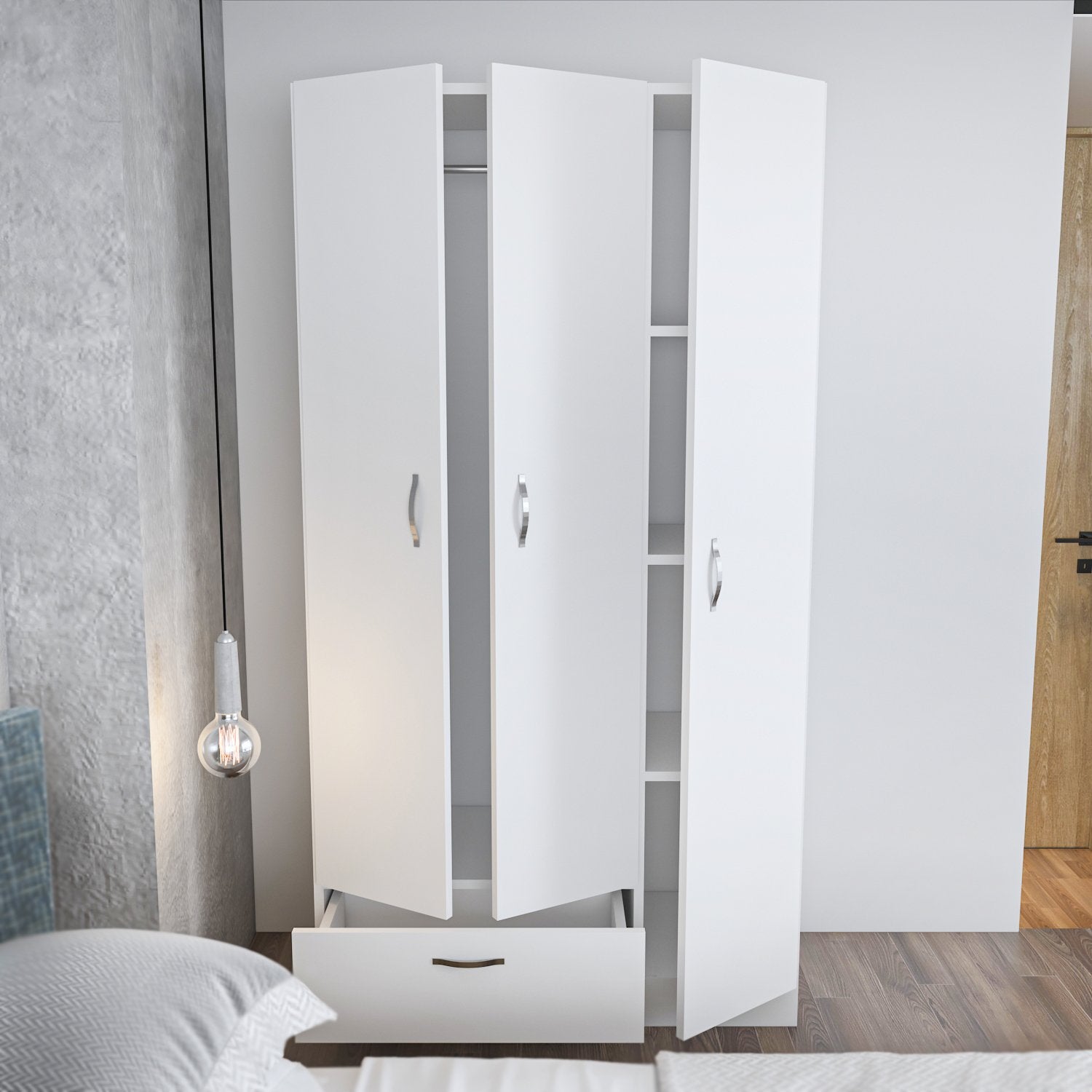 Entdecken Sie die Gabi Garderobe von Hanah Home – ein eleganter, funktionaler Kleiderschrank in Weiß, ideal für stilvolle Aufbewahrung in jedem Schlafzimmer.