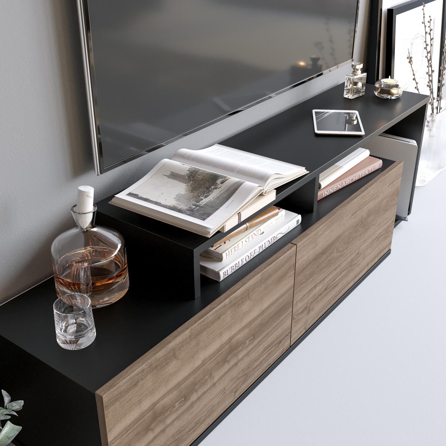 Entdecken Sie das stilvolle Nexera Sideboard in Schwarznuss von Hanah Home – die perfekte Kombination aus modernem Design und praktischem Stauraum für Ihr Zuhause.