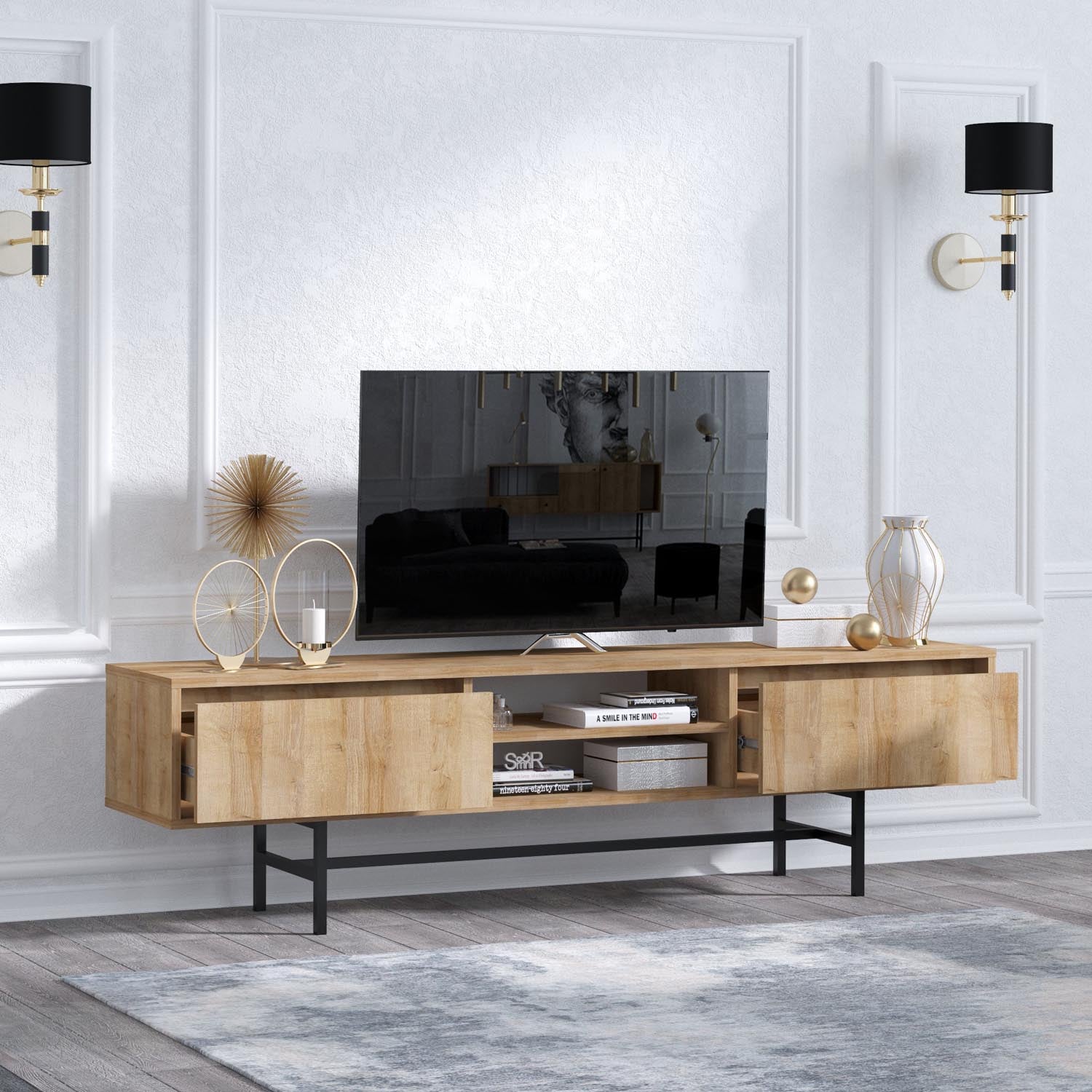 Erleben Sie das Matias Sideboard in Eiche Schwarz von Hanah Home – eine elegante Lösung für stilvolle Aufbewahrung und modernes Wohnen.