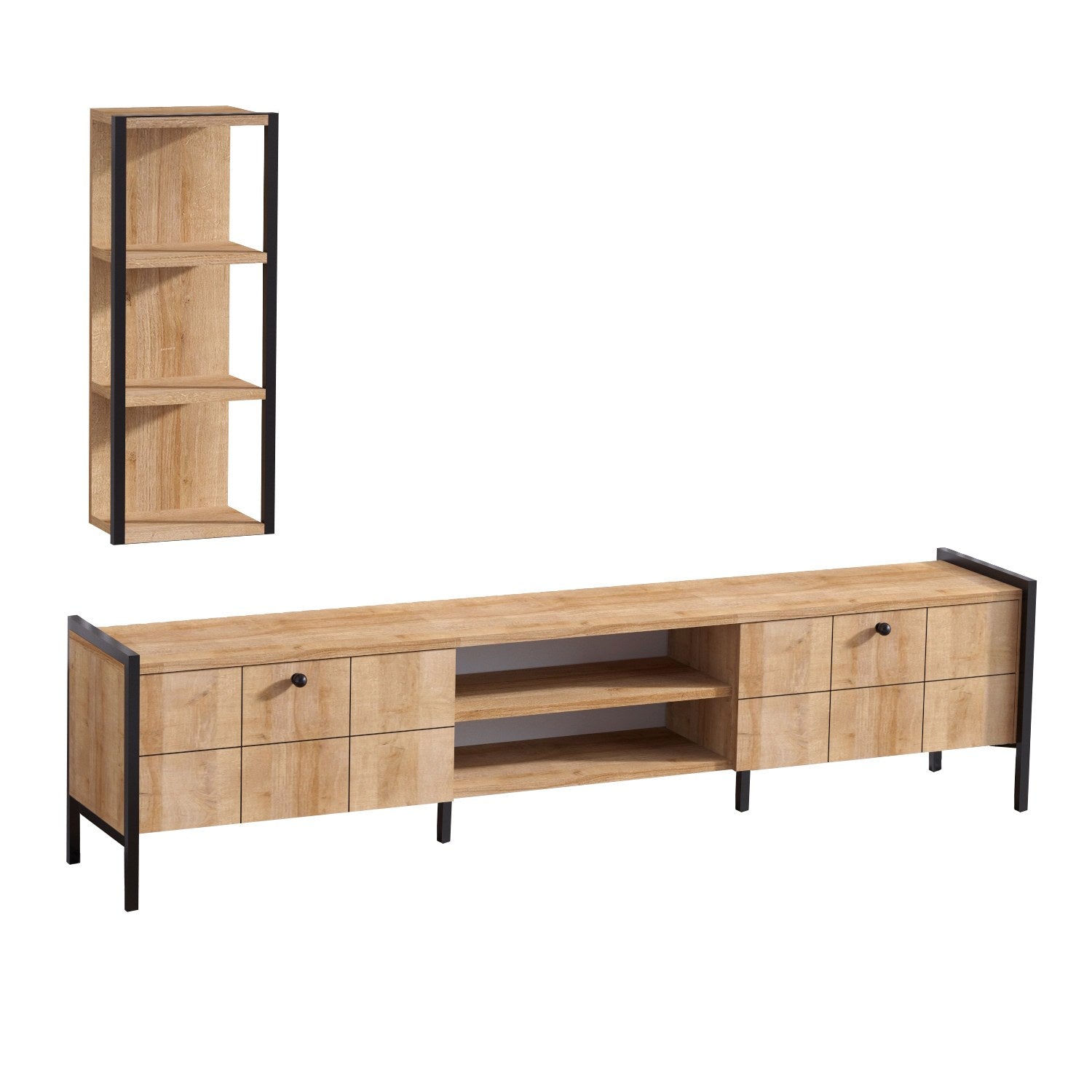 Entdecken Sie das Paola TV-Möbel in Eiche Schwarz von Hanah Home – die perfekte Kombination aus modernem Design und praktischem Stauraum für Ihr Wohnzimmer.