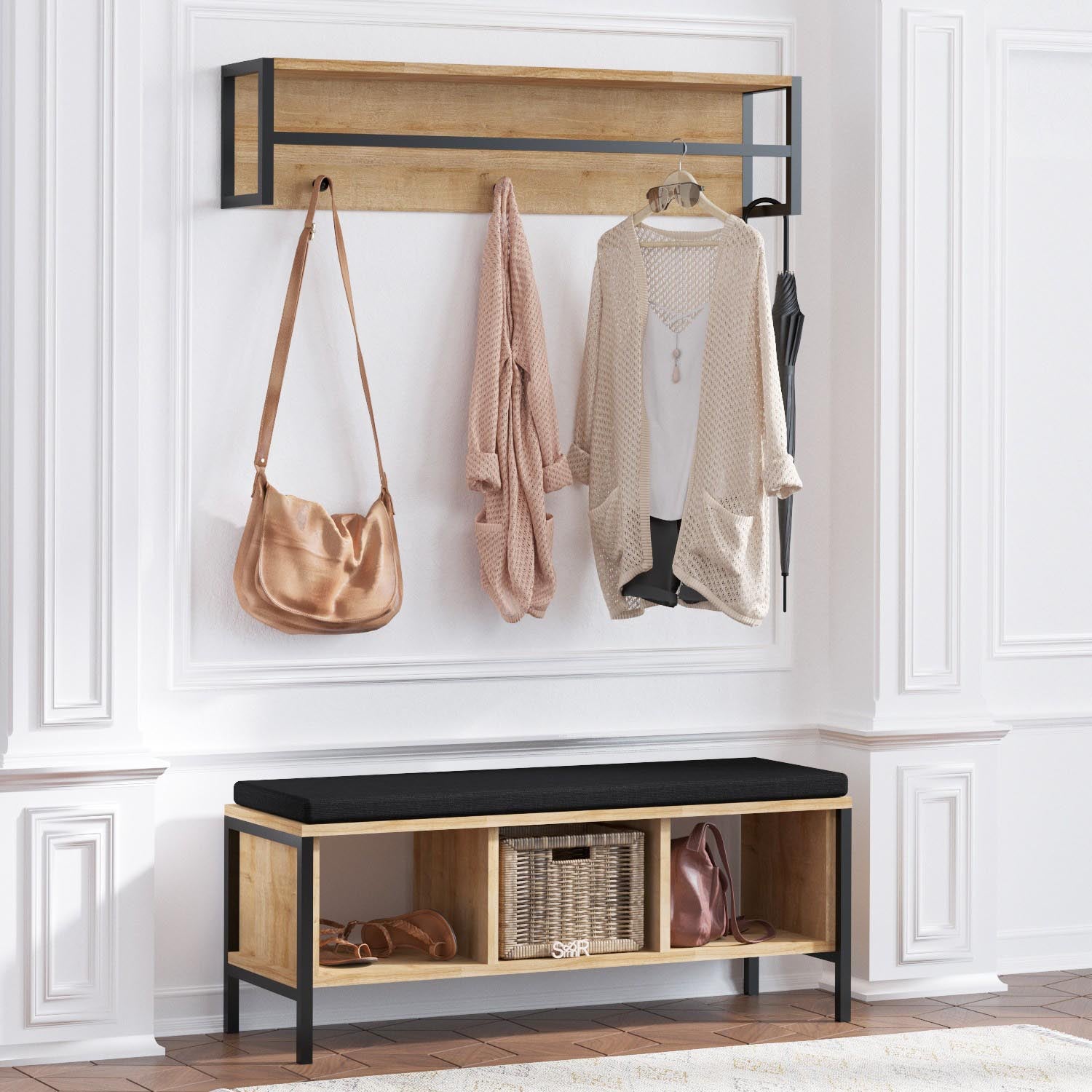 Verleihen Sie Ihrem Eingangsbereich mit der eleganten Shana Garderobe in Eiche Schwarz von Hanah Home einen Hauch von Stil und Ordnung.