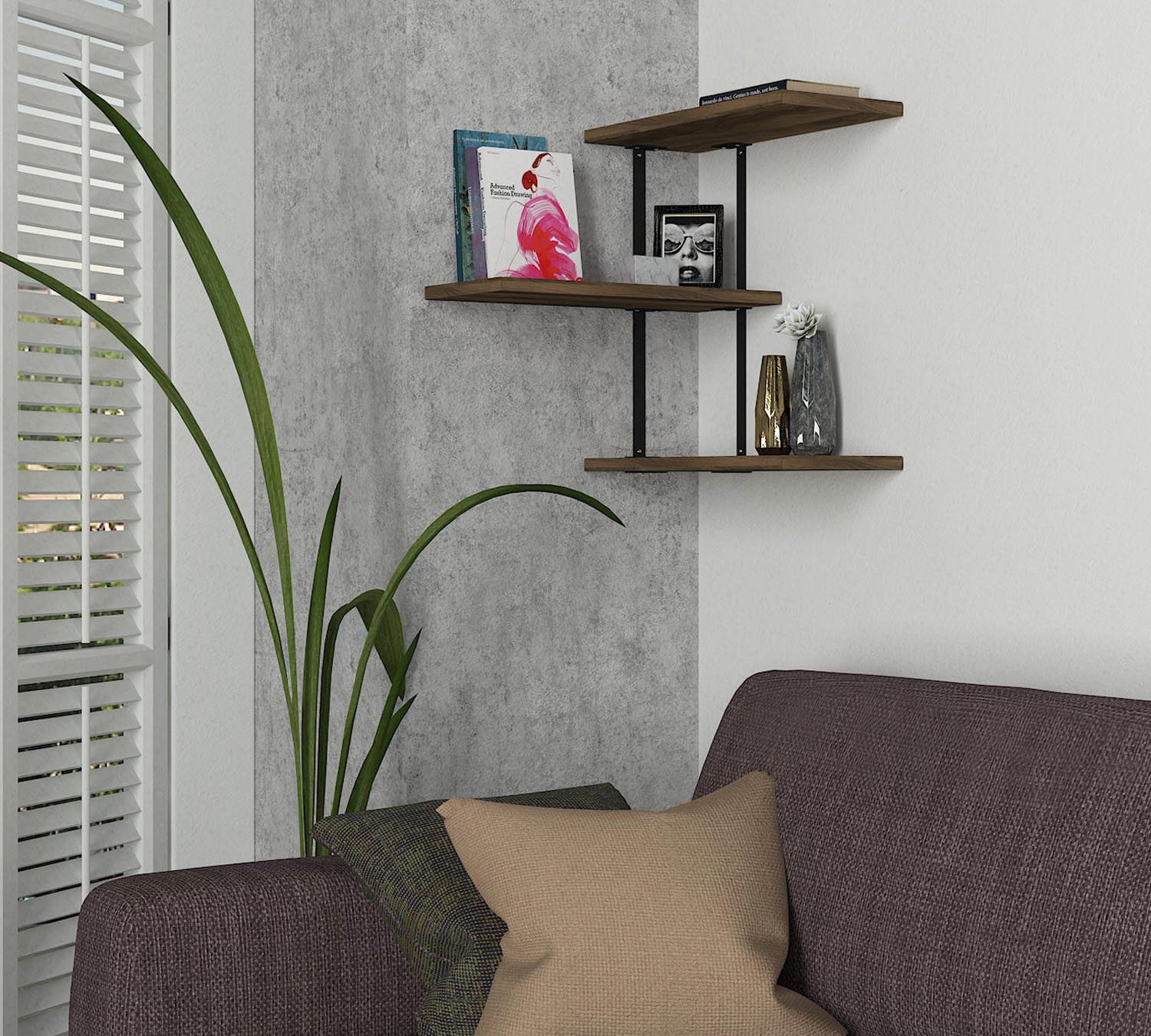 Entdecken Sie das Frisbi Wandregal von Hanah Home in Walnuss Schwarz – ein modernes, industrielles Regal für stilvolle Akzente und praktischen Stauraum.