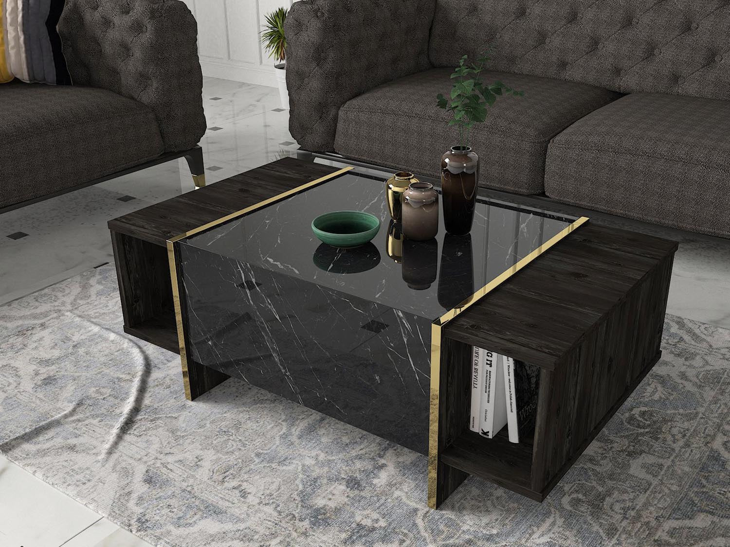 Entdecken Sie das elegante TV-Möbel Veyron in Schwarz und Gold von Hanah Home. Stilvolles Design trifft auf praktische Aufbewahrung für Ihr Wohnzimmer.