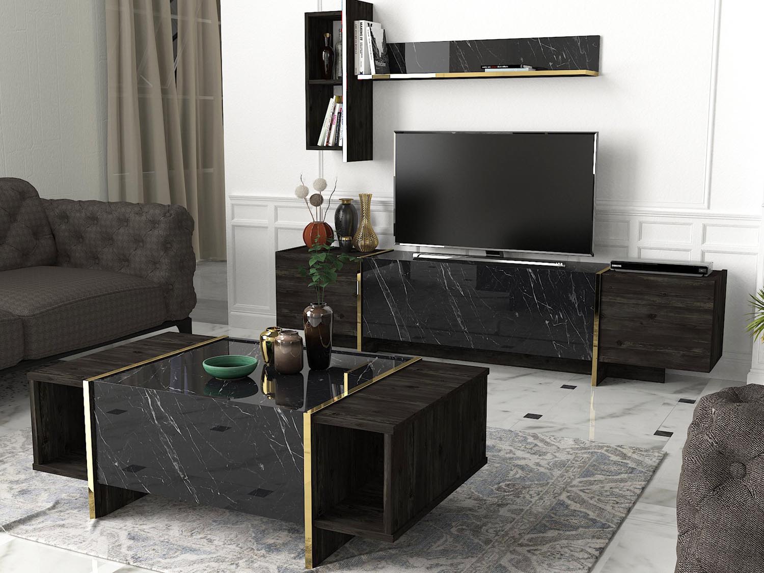 Entdecken Sie das Veyron TV-Möbel in Schwarz und Gold von Hanah Home – ein elegantes Design, das Stil und Funktionalität vereint und Ihr Wohnzimmer aufwertet.