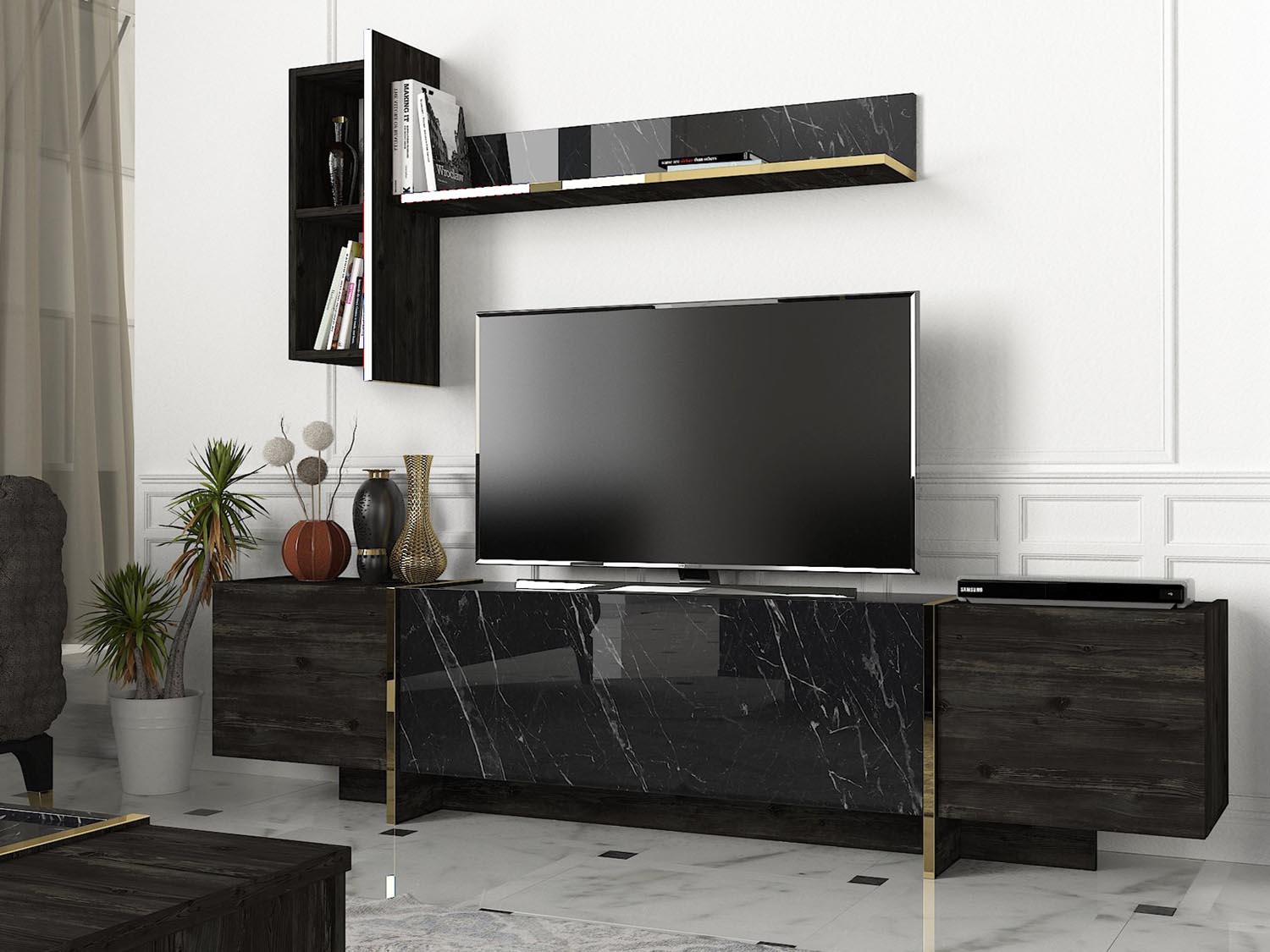 Entdecken Sie das elegante TV-Möbel Veyron in Schwarz und Gold von Hanah Home. Stilvolles Design trifft auf praktische Aufbewahrung für Ihr Wohnzimmer.