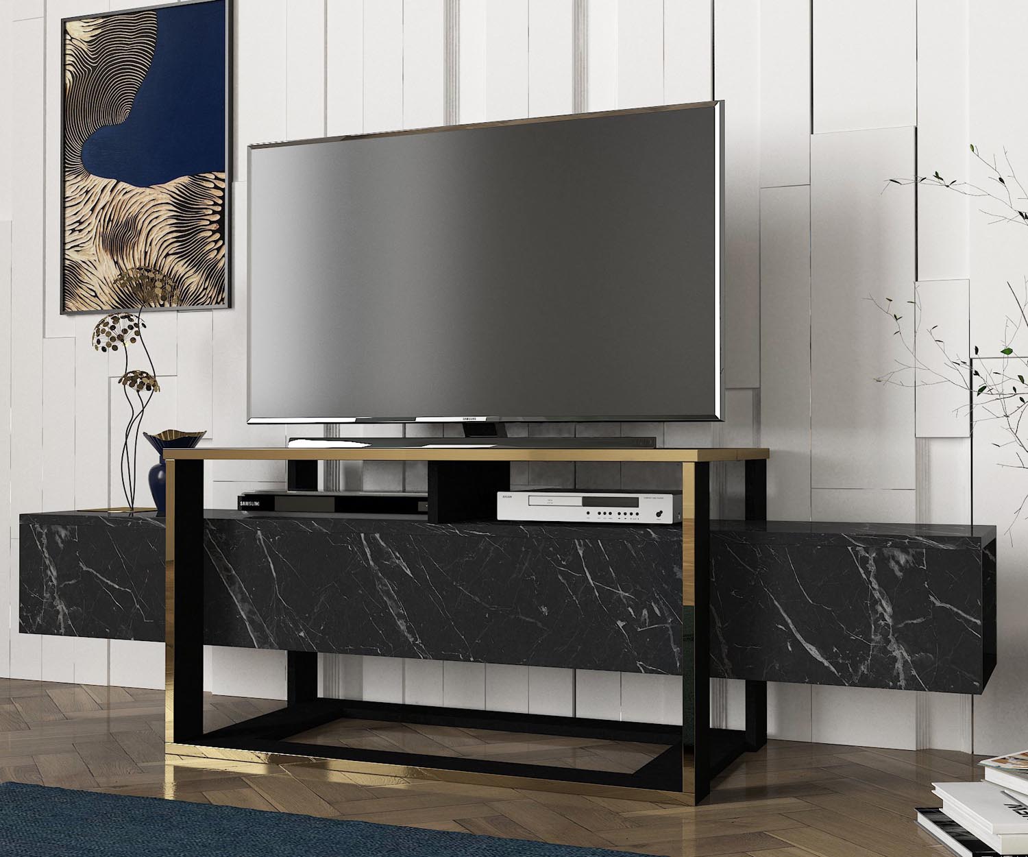 Entdecken Sie das elegante Bianco Sideboard in Schwarz Gold von Hanah Home. Ein stilvolles Möbelstück, das Luxus und Funktionalität vereint.