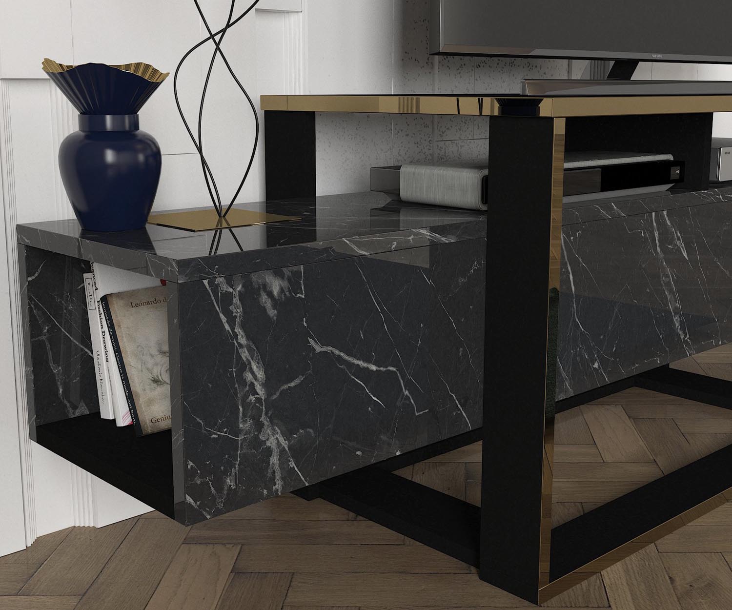 Entdecken Sie das Bianco Sideboard von Hanah Home: Ein elegantes Möbelstück in Schwarz und Gold, das Stil und Funktionalität vereint.