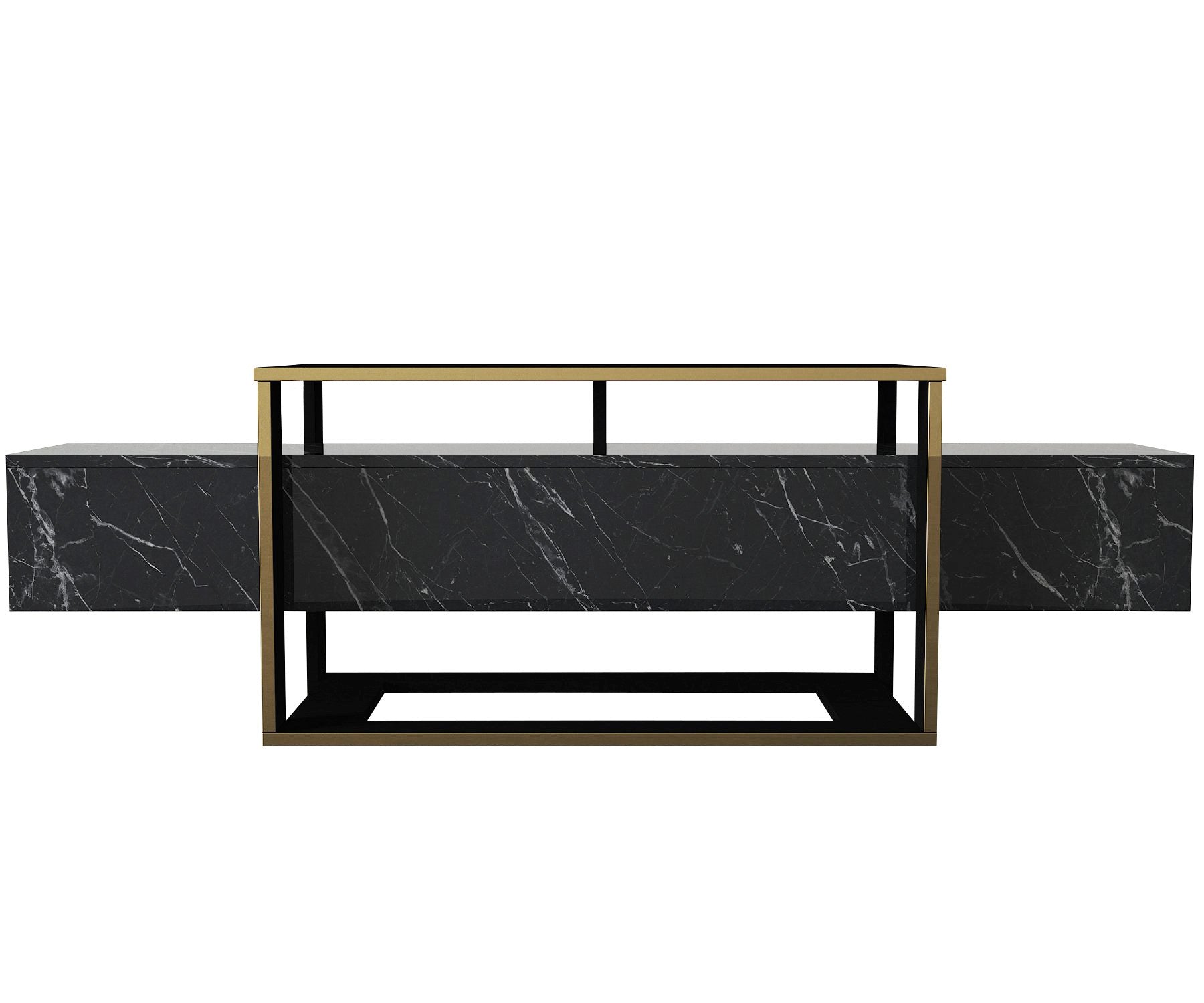 Erleben Sie das Bianco Sideboard von Hanah Home: Ein modernes Design in Schwarz und Gold, das Ihrem Wohnraum Eleganz und Ordnung verleiht.
