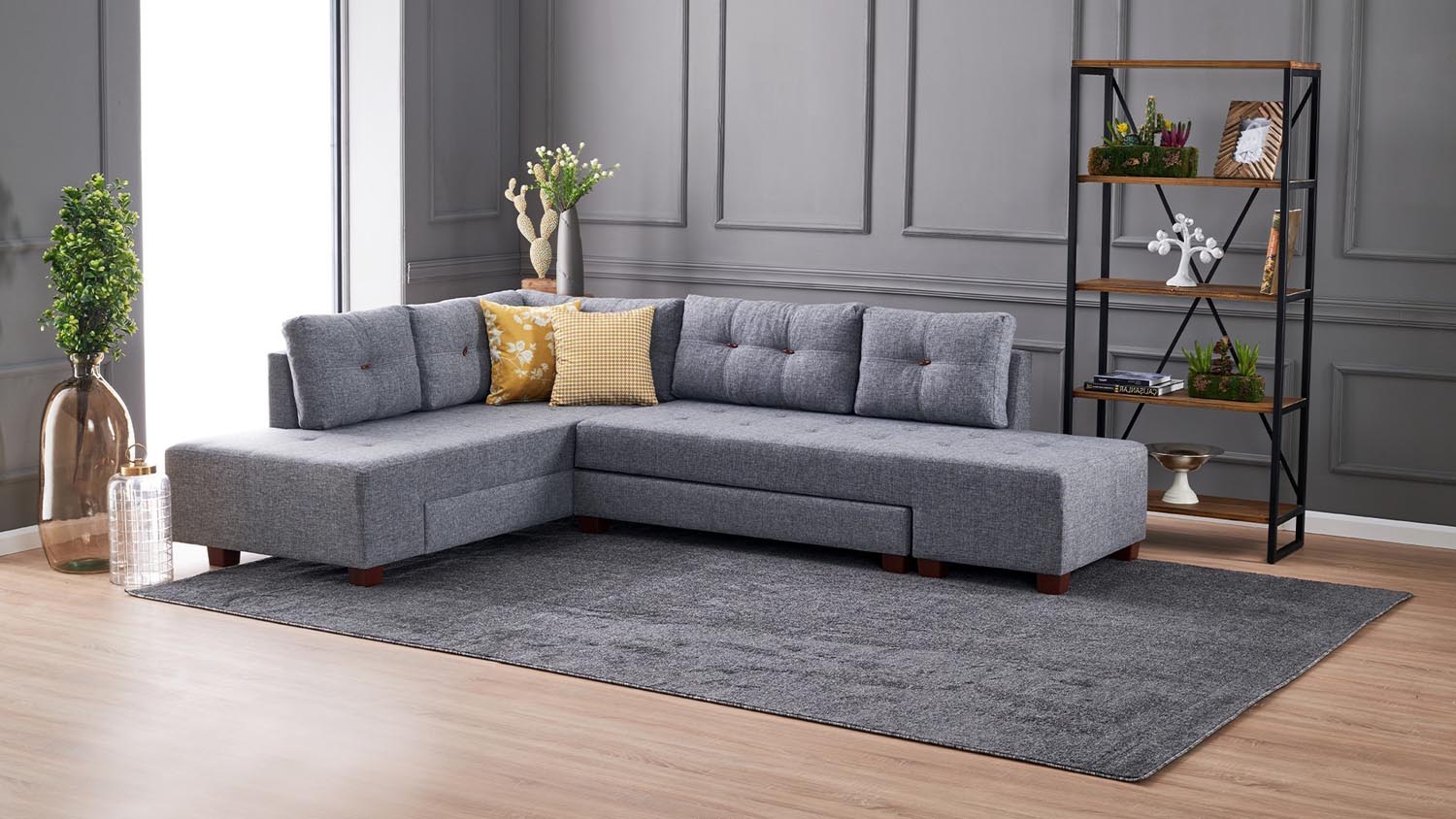 Entdecken Sie das elegante Manama Ecksofa-Bett in Grau von Atelier Del Sofa. Komfortabel, vielseitig und pflegeleicht – ideal für Ihr Zuhause!