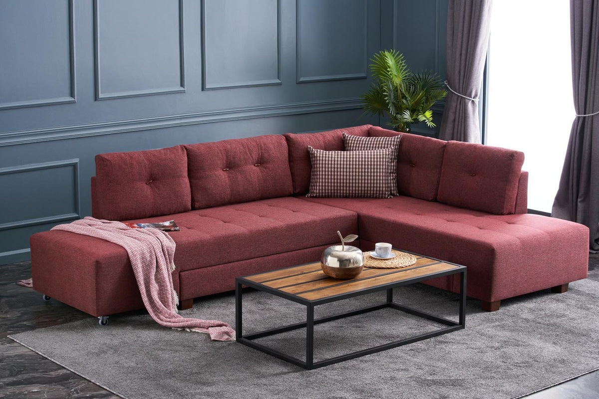 Manama Corner Sofa Bed Right Bettsofa - Karmesinrot in Karmesinrot präsentiert im Onlineshop von KAQTU Design AG. Bettsofa rechts ist von Atelier Del Sofa