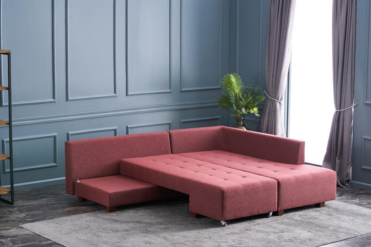 Manama Corner Sofa Bed Right Bettsofa - Karmesinrot in Karmesinrot präsentiert im Onlineshop von KAQTU Design AG. Bettsofa rechts ist von Atelier Del Sofa