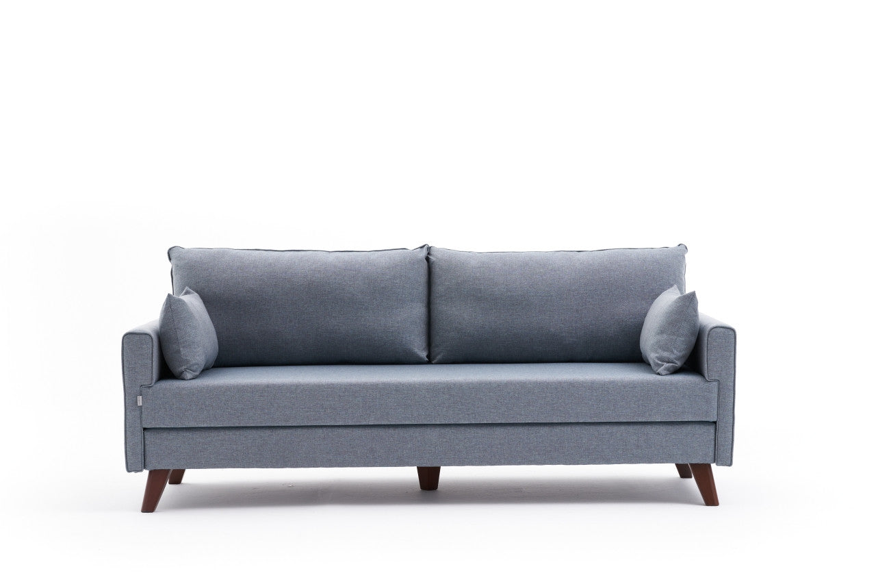Entdecken Sie das Bella Soft Yataklı Üçlü Koltuk Bettsofa in elegantem Blau – ein vielseitiges 3-Sitzer Sofa, das sich mühelos in ein bequemes Bett verwandelt.