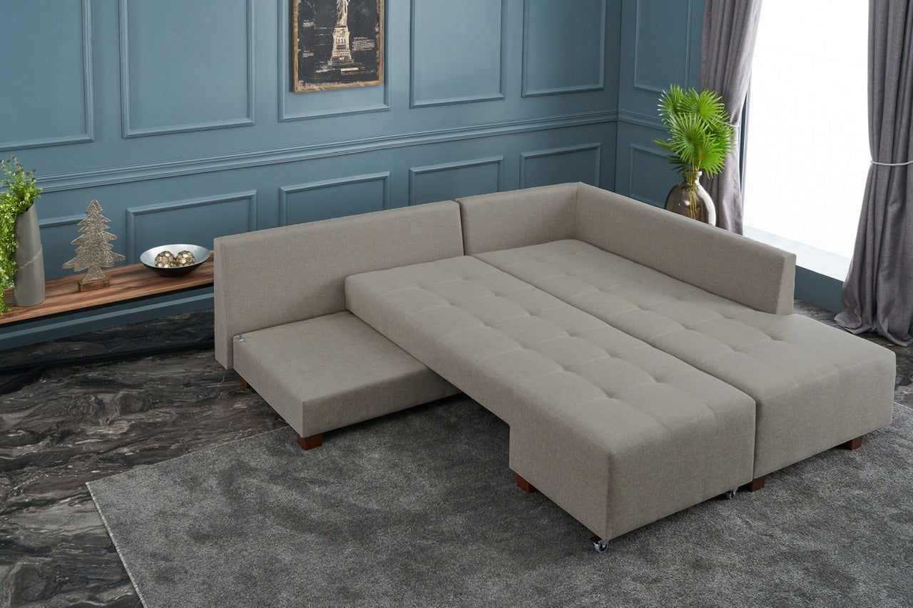 Entdecken Sie das stilvolle Manama Ecksofa-Bett in Creme von Atelier Del Sofa. Ideal für Komfort und Eleganz in jedem Raum!