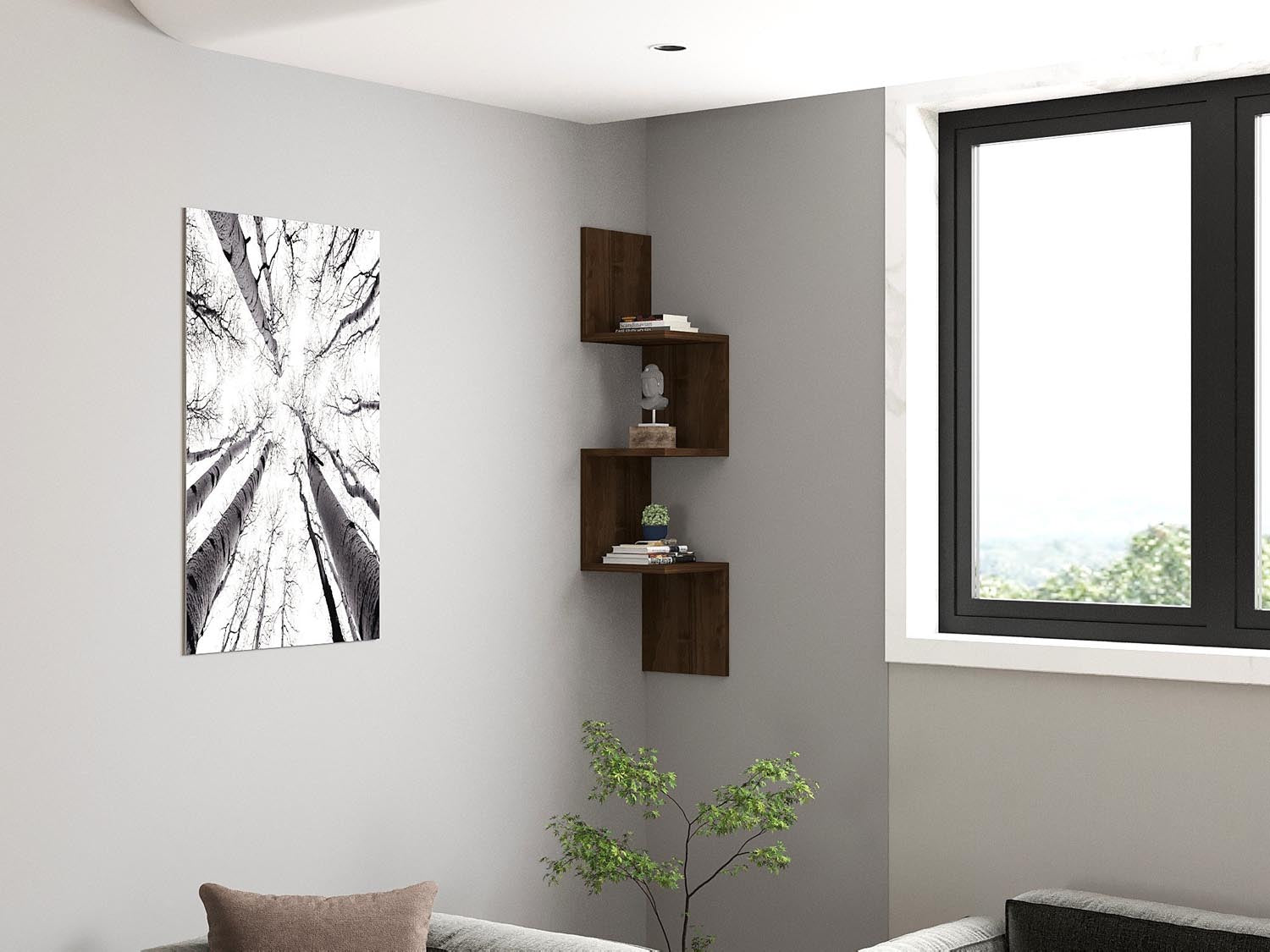 Erleben Sie das Zikzak Wandregal in Walnuss von Hanah Home – ein elegantes skandinavisches Möbelstück, das Stil und Funktionalität vereint.