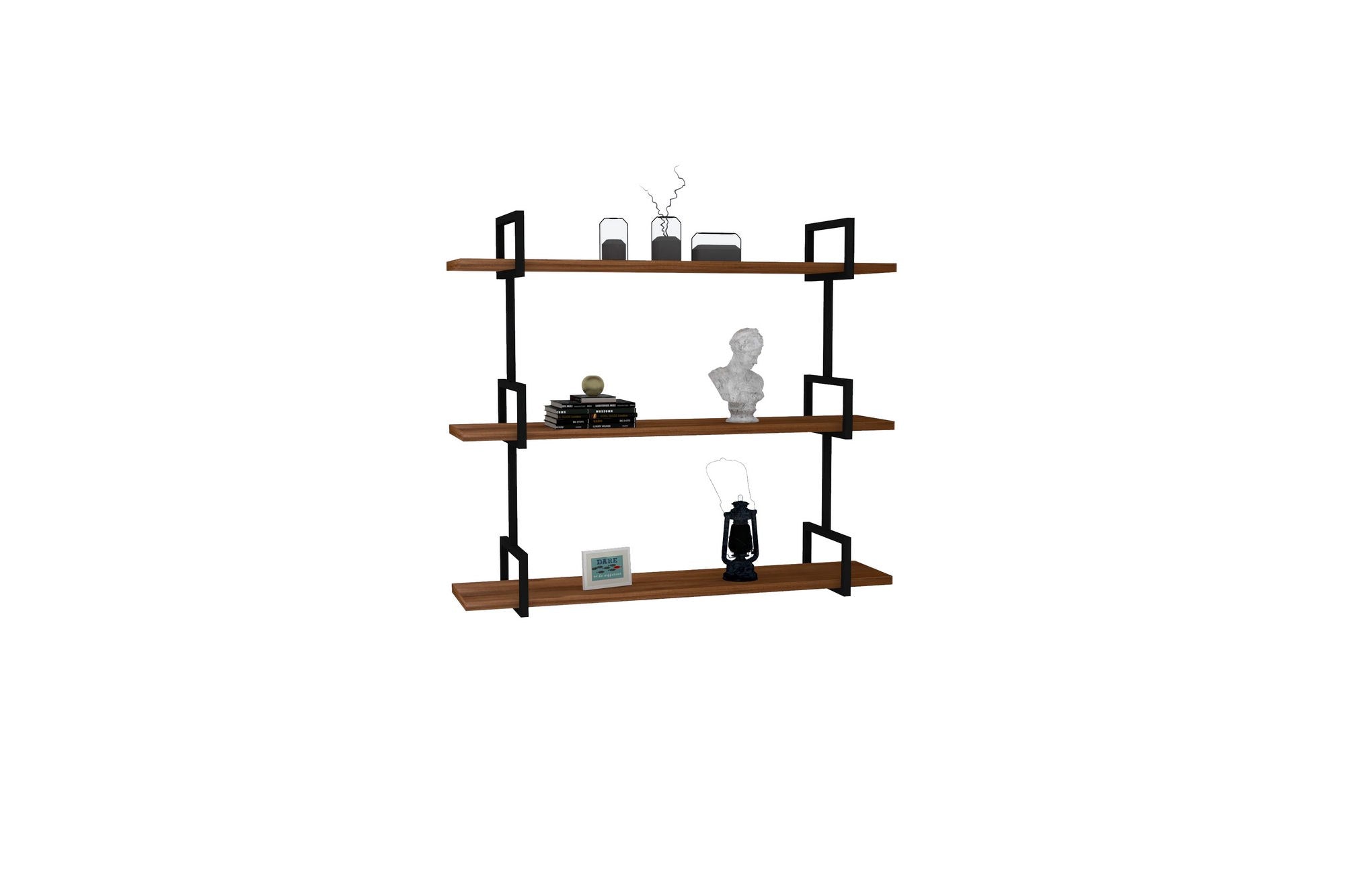 Gestalten Sie Ihr Zuhause mit dem Uras Wandregal in Walnuss von Hanah Home. Stilvolles Industriedesign trifft auf Funktionalität und bietet Platz für Bücher und Deko.