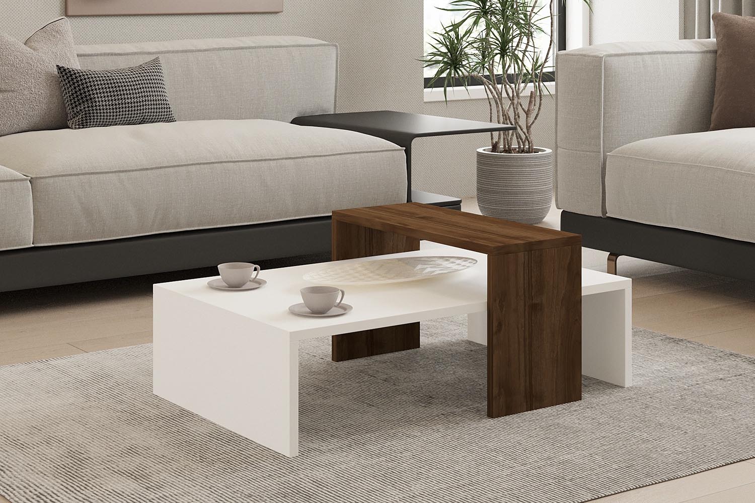 Entdecken Sie den eleganten Glow Sofatisch in Walnuss Weiß von Hanah Home. Skandinavisches Design trifft auf Funktionalität und Stil.