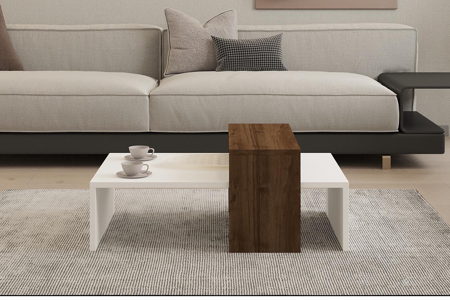 Verleihen Sie Ihrem Wohnzimmer mit dem Glow Sofatisch von Hanah Home in Walnuss Weiß einen modernen Akzent. Stilvolles skandinavisches Design für jeden Raum.