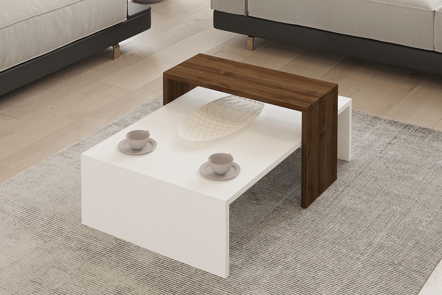 Entdecken Sie den Glow Sofatisch von Hanah Home in Walnuss Weiß – ein elegantes, skandinavisches Möbelstück, das Stil und Funktionalität vereint.