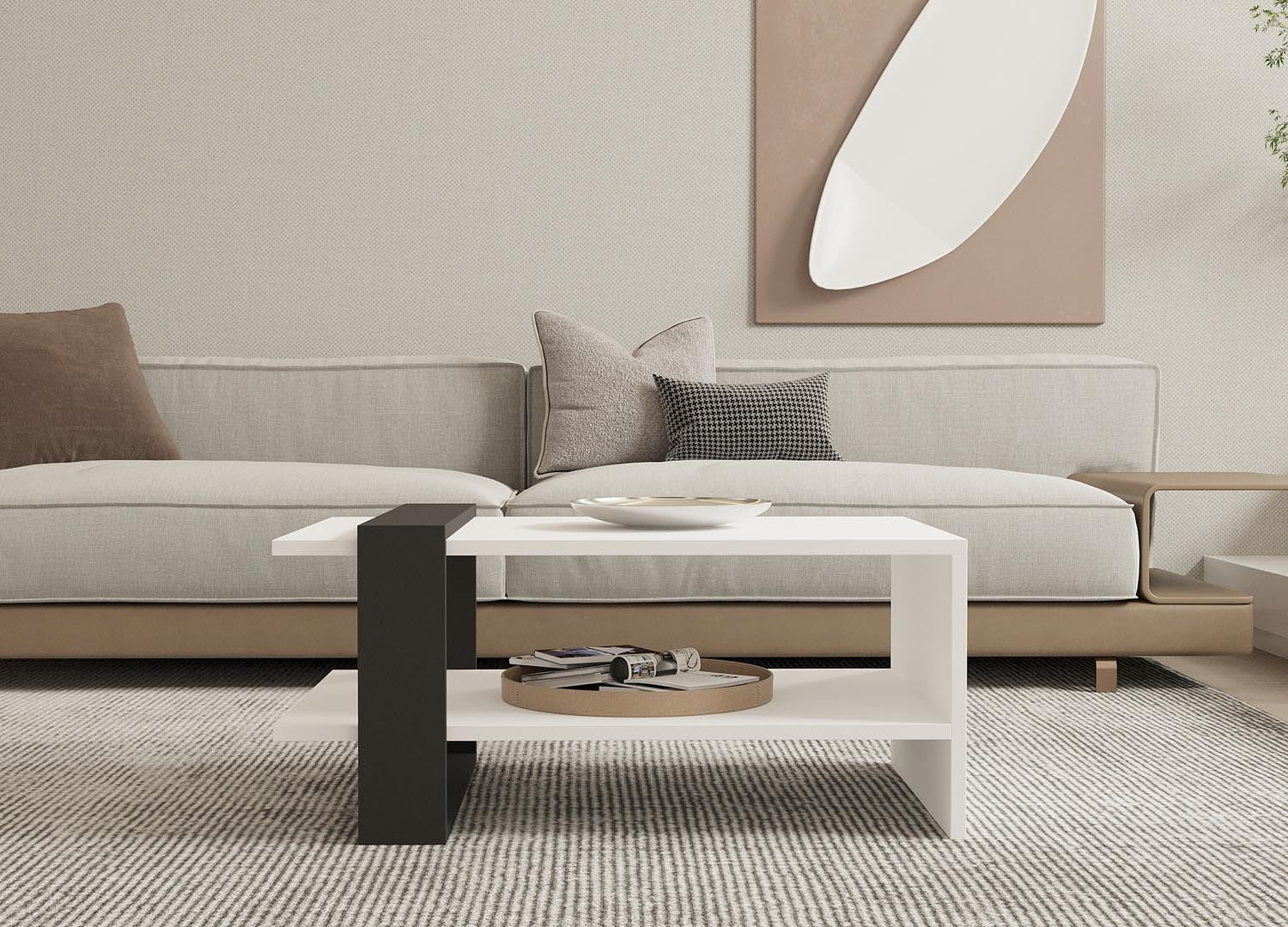 Erleben Sie den Funda Sofatisch von Hanah Home: skandinavisches Design in Anthrazit und Weiß, ideal für stilvolle Wohnräume mit praktischem Stauraum.