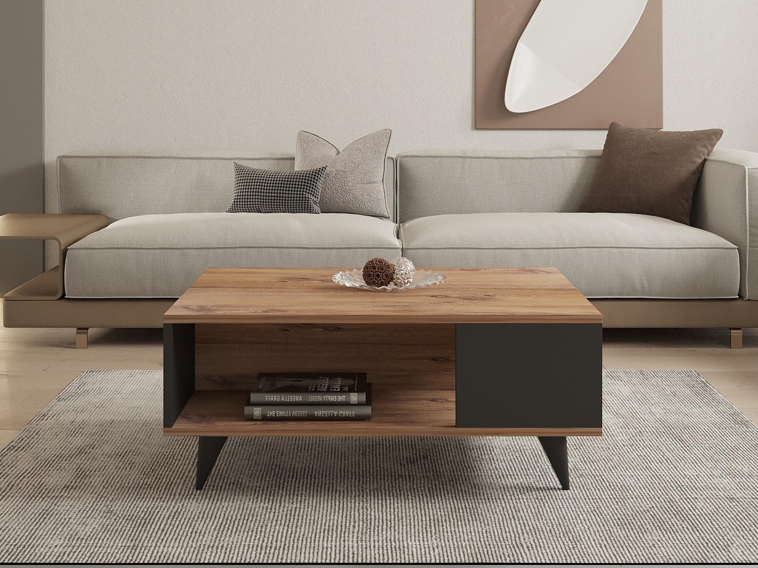 Stilvoller Yuka Sofatisch in Walnuss Schwarz von Hanah Home. 2-stöckiges Design für optimale Funktionalität und Eleganz in jedem Raum.