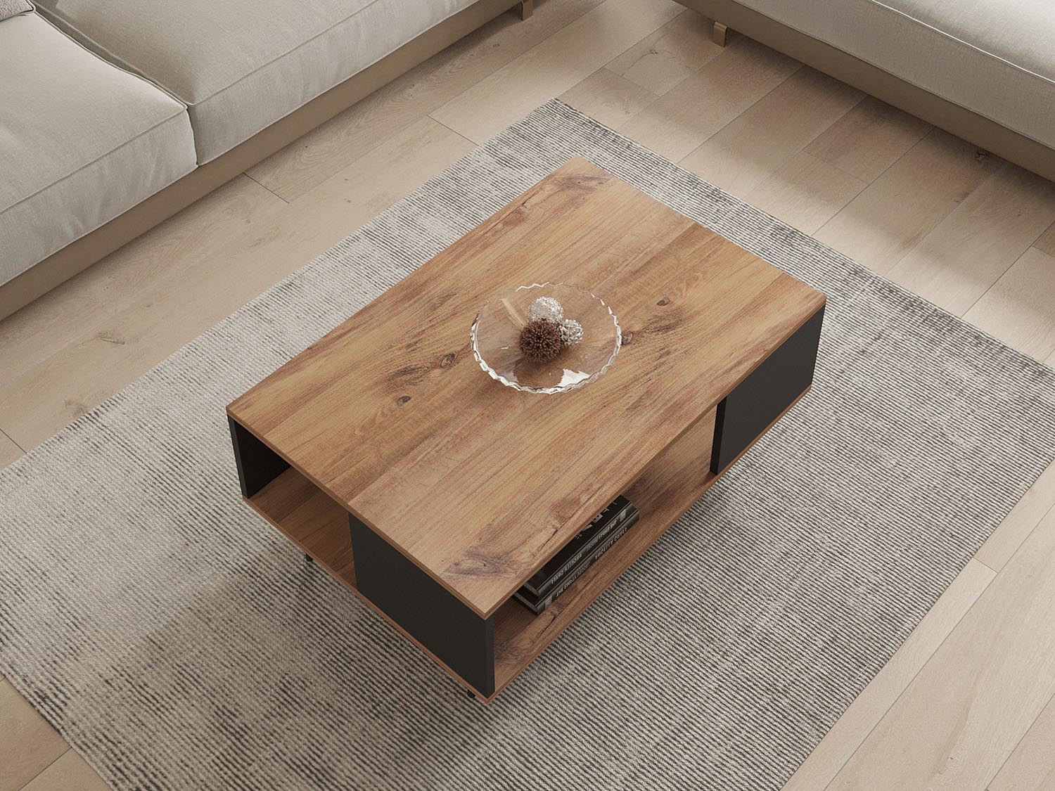 Eleganter Yuka Sofatisch in Walnuss Schwarz von Hanah Home. Vielseitiger 2-stöckiger Couchtisch mit Marmor-Design, ideal für stilvolle Wohnräume.